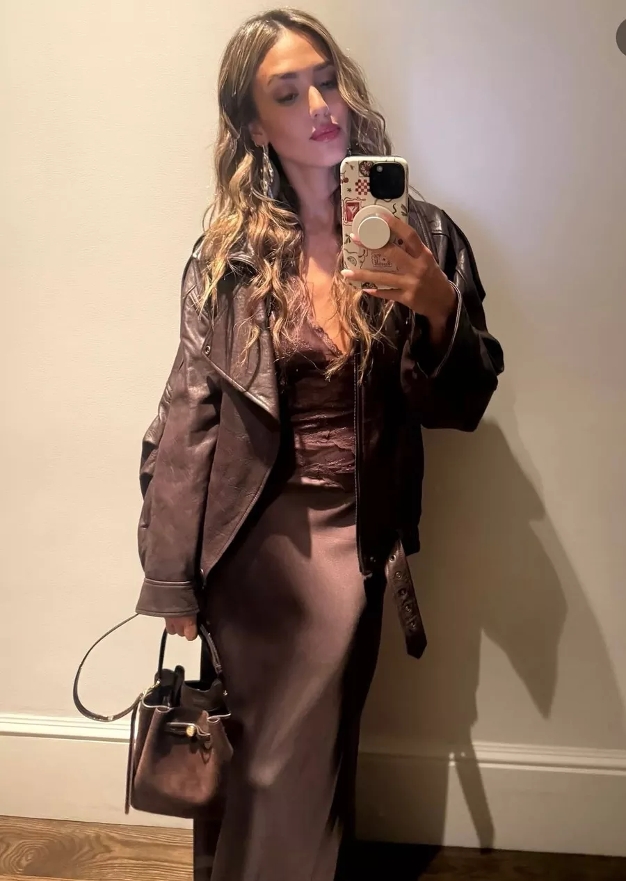 Shop Jessica Alba's Brown Lace Maxi Dress, Suede Bag And Bomber Jacket