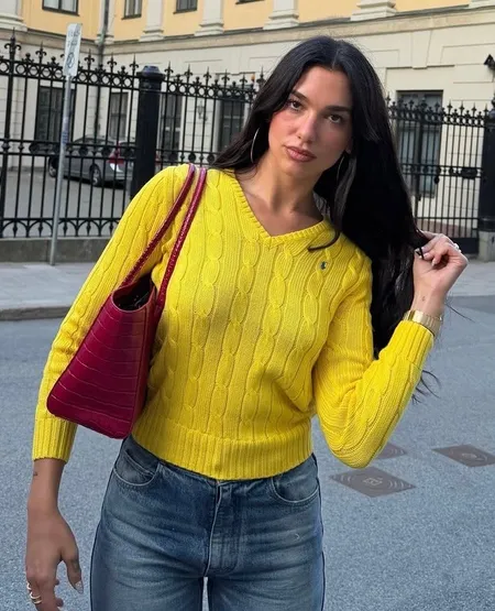 Dua Lupa's Yellow Cable Knit V-Neck Sweater