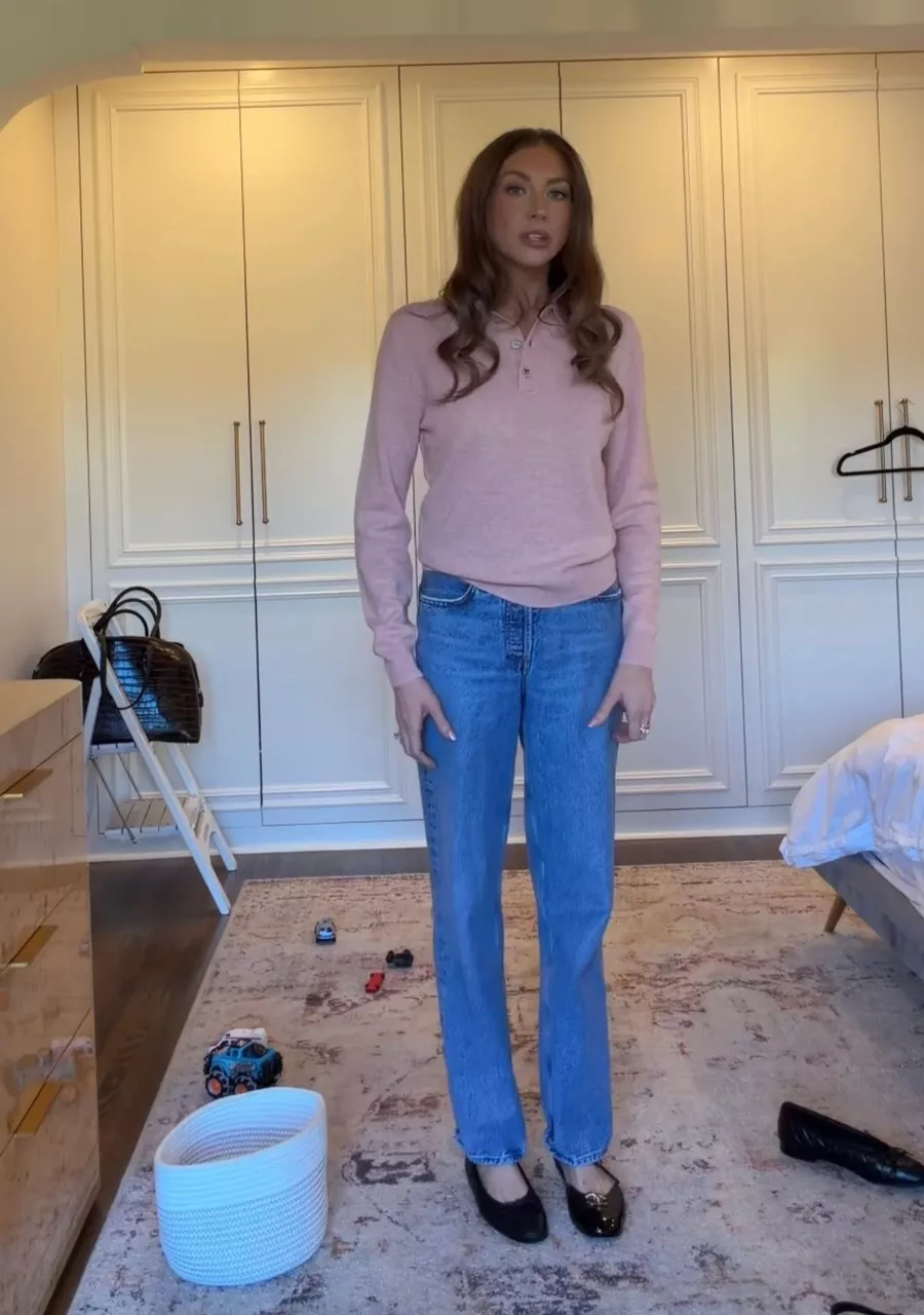 Stassi Schroeder's Pink Cashmere Sweater And Straight Leg Jeans