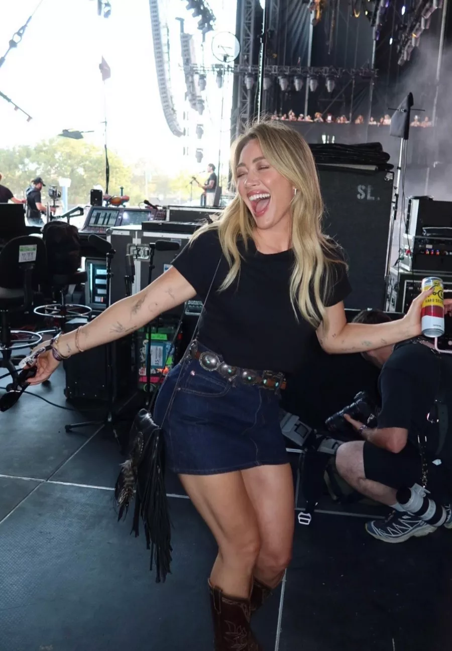 Hilary Duff's Denim Mini Skirt And Tee Shirt