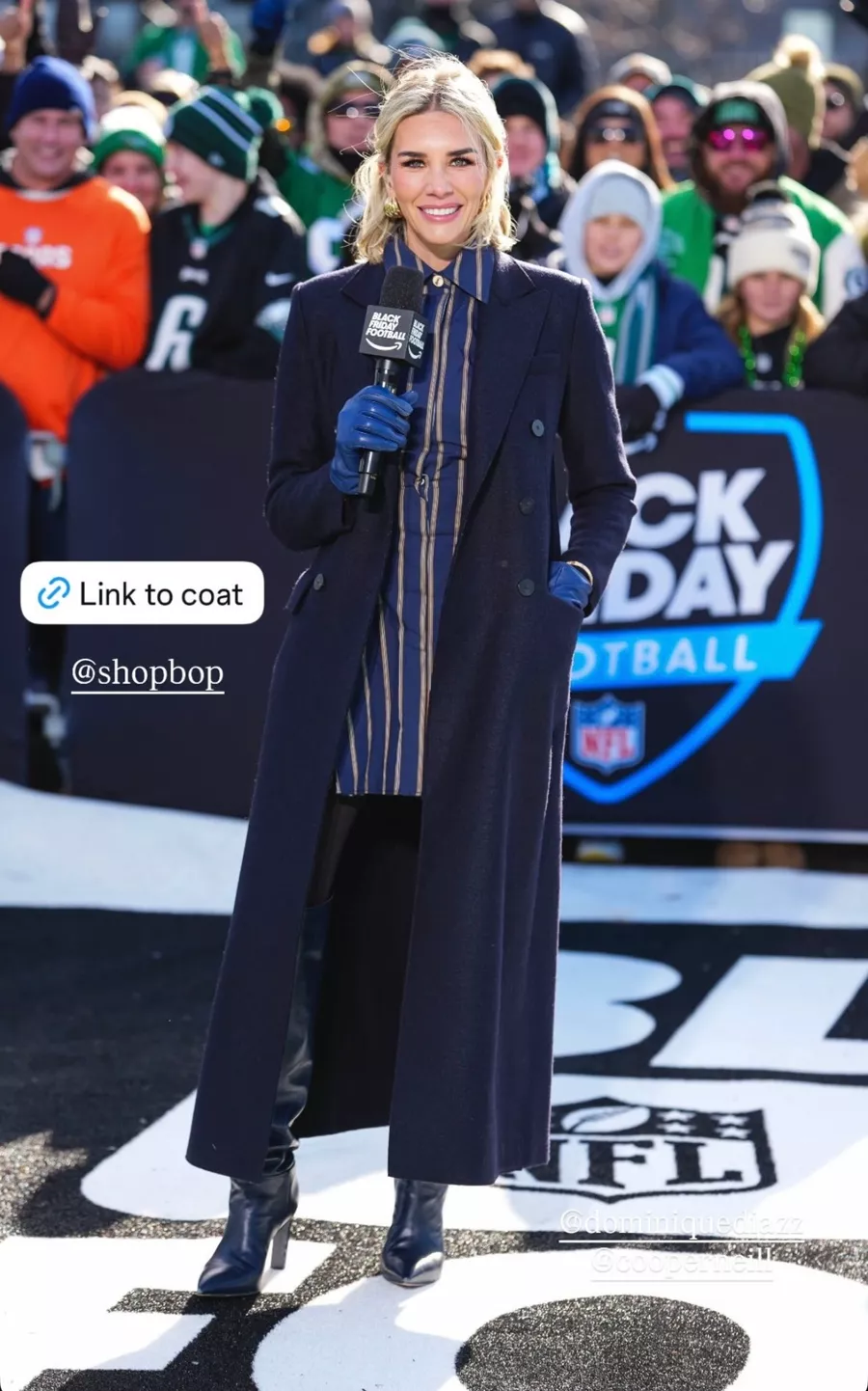 Charissa Thompson's Striped Dress And Double Breasted Wool