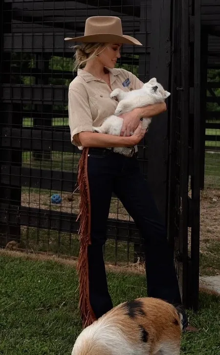 Brittany Aldean's Ford Mustang Shirt, Denim Jeans And Boots
