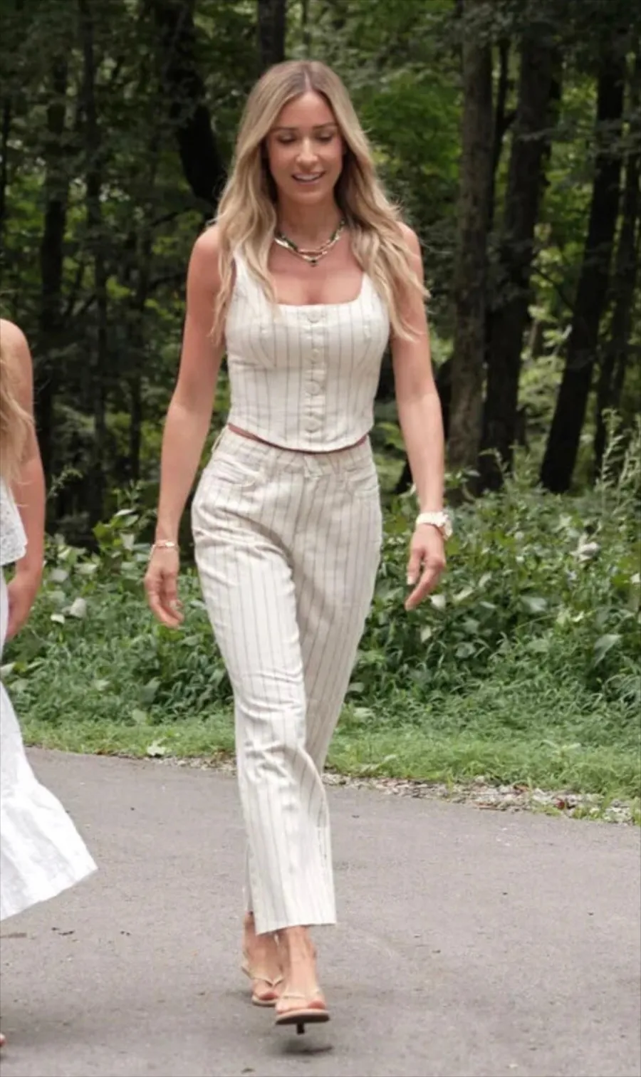 Kristin Cavallari's Pinstriped Wide Leg Jeans And Cotton Tank