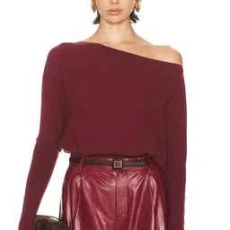 Shop SIMKHAI Lavina Draped Off Shoulder Sweater in Burgundy | FWRD