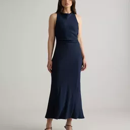 Shop Washable Stretch Silk High Neck Midi Dress in Navy | Quince