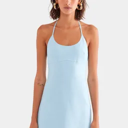 Shop Scoop Neck Linen Halter Mini Dress in Sky Blue | Venroy