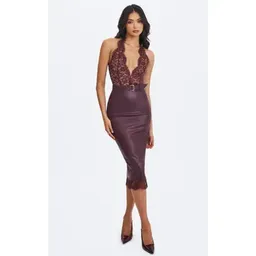 Shop Miss Circle Fiera Plunging Halter Belted Midi Dress in Mahogany | Nordstrom