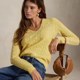 Shop Polo Ralph Lauren Womens Cable-Knit Slim-Fit Sweater - Fall Yellow | Macys