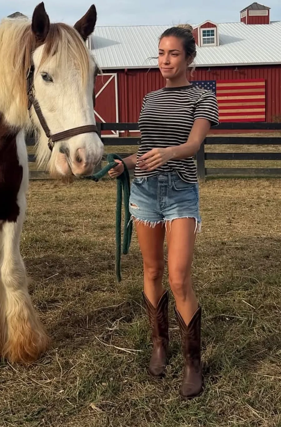 Kristin Cavallari's Striped T-Shirt, Cut Off Shorts And Cowboy Boots