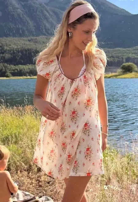 Bella Hadid's Floral Print Shift Dress And Embroidered Trim Bikini Top